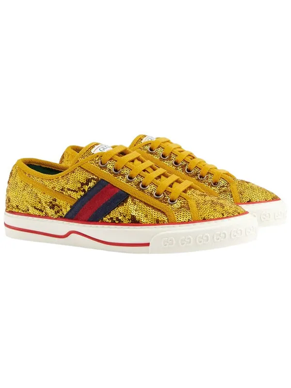 Кроссовки (WMNS) GUCCI Tennis 1977 'Gold Sequin Satin' — изображение 2 из 4, золотистый/синий/красный