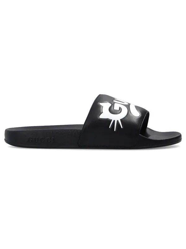 Тапочки pursuit cat leather pool slide 'black' Gucci — изображение 3 из 4, черный/белый