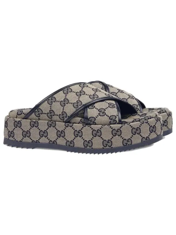 Сандалии gg platform slide sandal 'gg motif - beige blue' Gucci — изображение 3 из 4, бежевый/синий