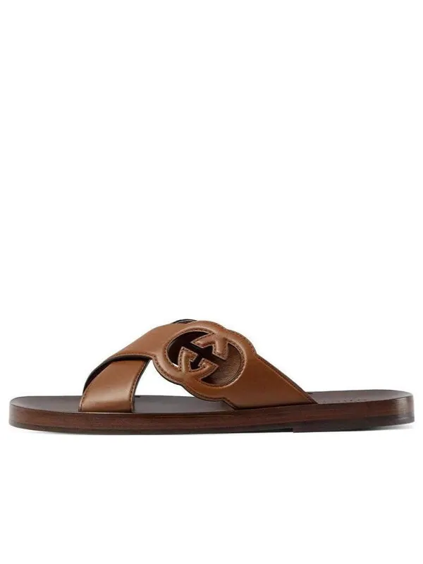Тапочки side interlocking g slide sandals 'brown' Gucci