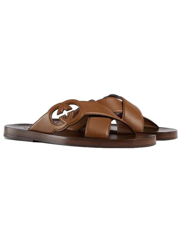 Тапочки side interlocking g slide sandals 'brown' Gucci — изображение 2 из 4, коричневый