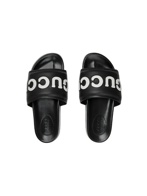 Тапочки sideline rubber logo slide 'black leather' Gucci — изображение 3 из 4, черный