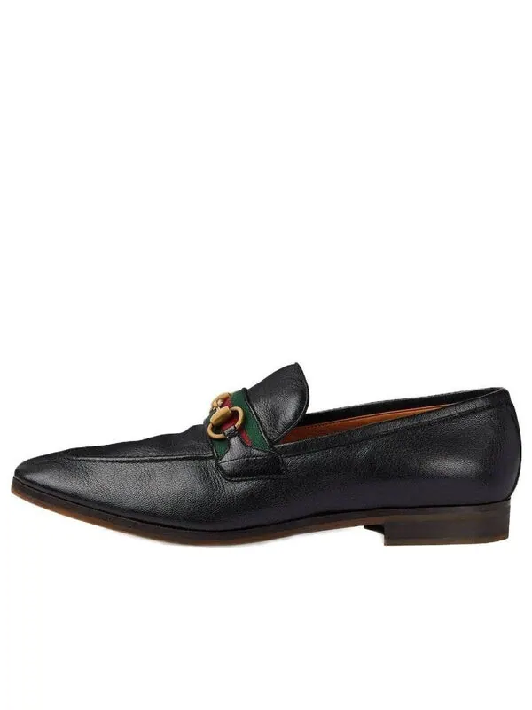 Кроссовки leather grosgrain trim dress loafers 'black red' Gucci — изображение 1 из 4, черный/красный/зеленый