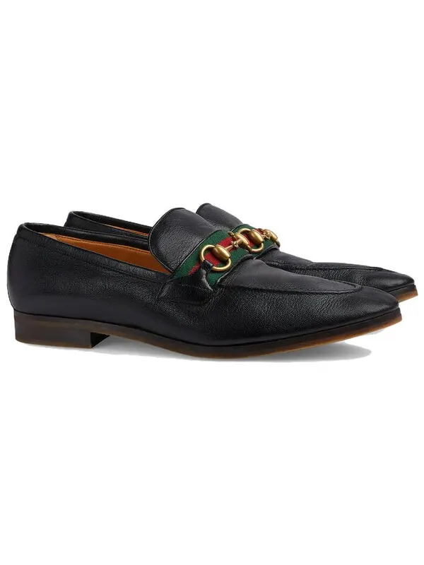 Кроссовки leather grosgrain trim dress loafers 'black red' Gucci — изображение 2 из 4, черный/красный/зеленый