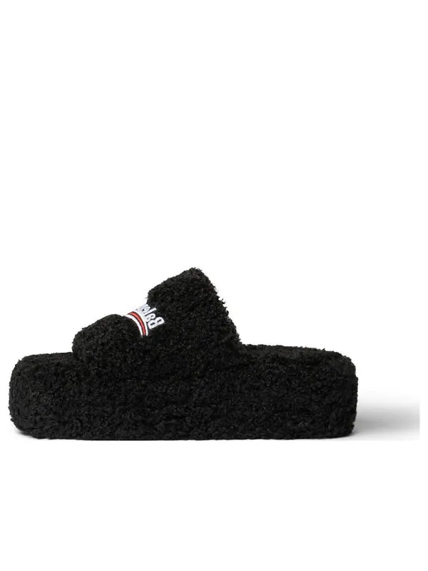 Тапочки furry platform sandals 'black fake shearling white and red political campaign embroideries' Balenciaga