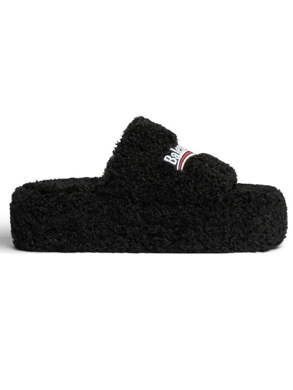 Тапочки furry platform sandals 'black fake shearling white and red political campaign embroideries' Balenciaga