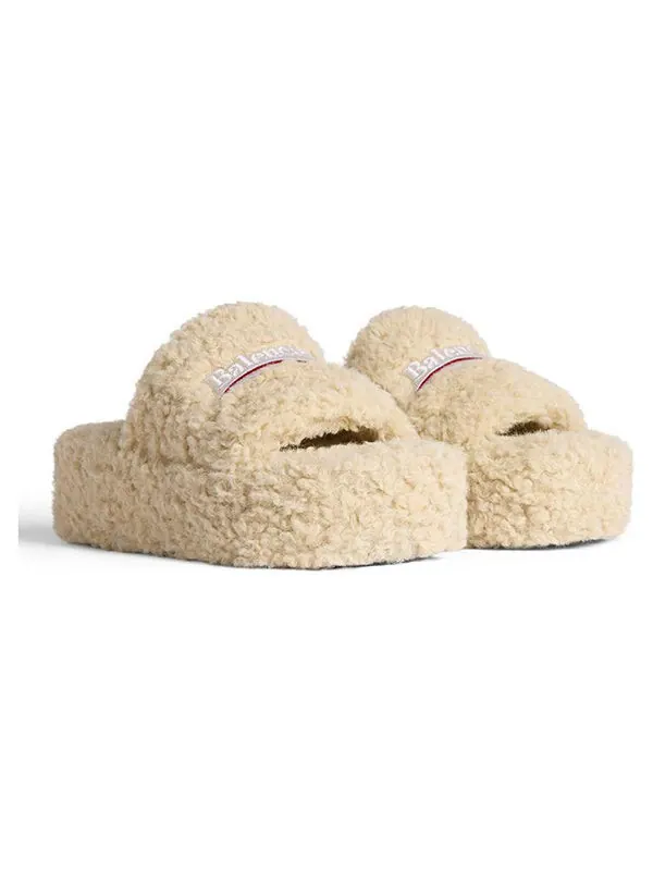 Тапочки platform furry slides 'beige' Balenciaga — изображение 4 из 4, бежевый/белый/красный