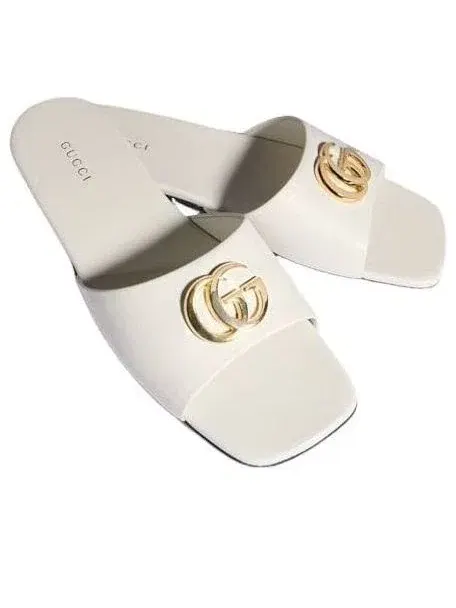 Женские шлепанцы с открытым носком и принтом Double G Gucci — изображение 3 из 7, белый