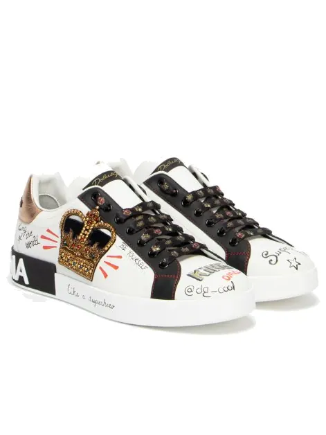 Кроссовки Dolce & Gabbana Portofino Printed Sneakers 'Graphic White Gold' — изображение 2 из 5, белый/черный
