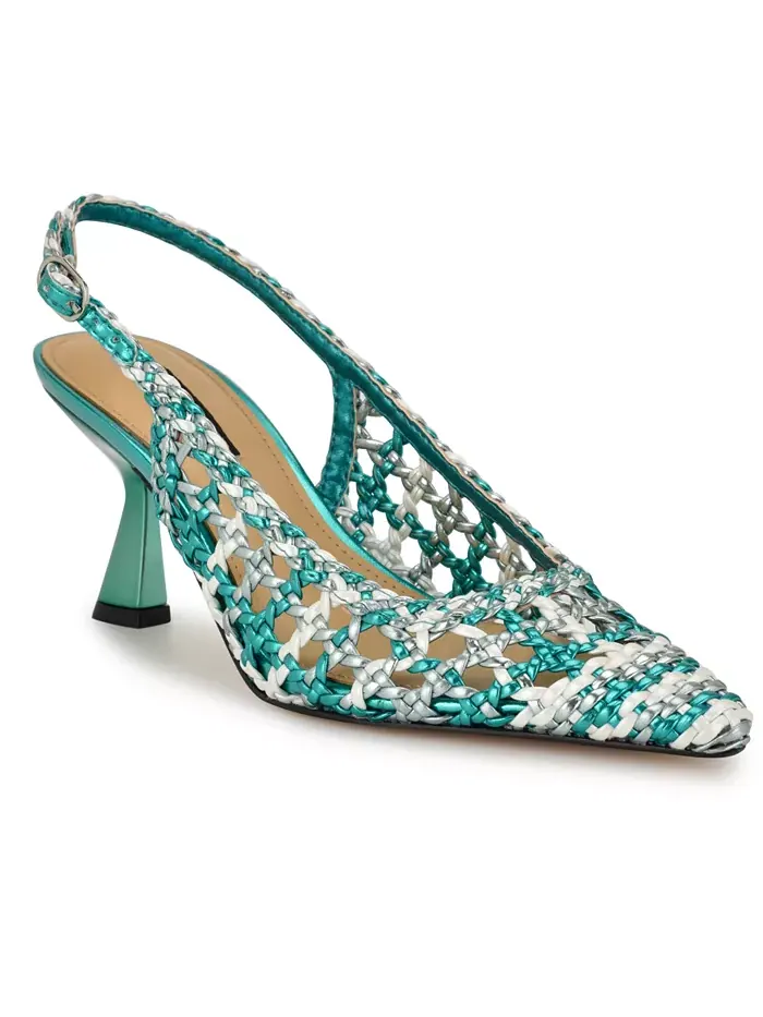 Женские плетеные туфли Madalene на каблуке-рюмочке с открытой пяткой Nine West — изображение 1 из 5, зеленый металлик мульти
