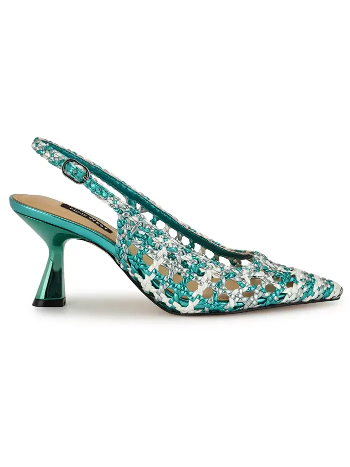 Женские плетеные туфли Madalene на каблуке-рюмочке с открытой пяткой Nine West — изображение 2 из 5, зеленый металлик мульти