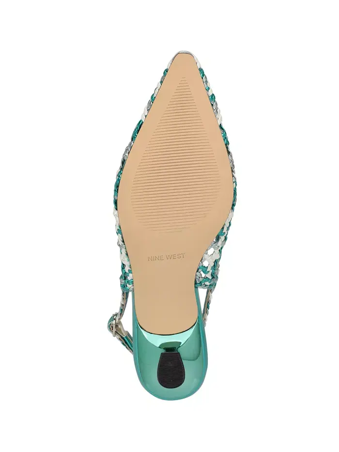 Женские плетеные туфли Madalene на каблуке-рюмочке с открытой пяткой Nine West — изображение 5 из 5, зеленый металлик мульти