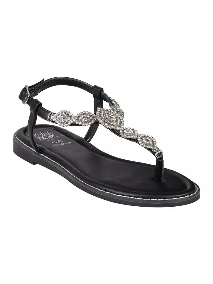 Женские сандалии на плоской подошве с украшением и Т-образным ремешком Cali GC Shoes — изображение 1 из 5, черный