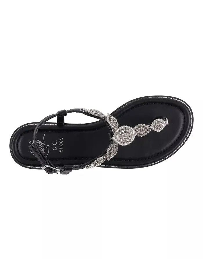 Женские сандалии на плоской подошве с украшением и Т-образным ремешком Cali GC Shoes — изображение 4 из 5, черный