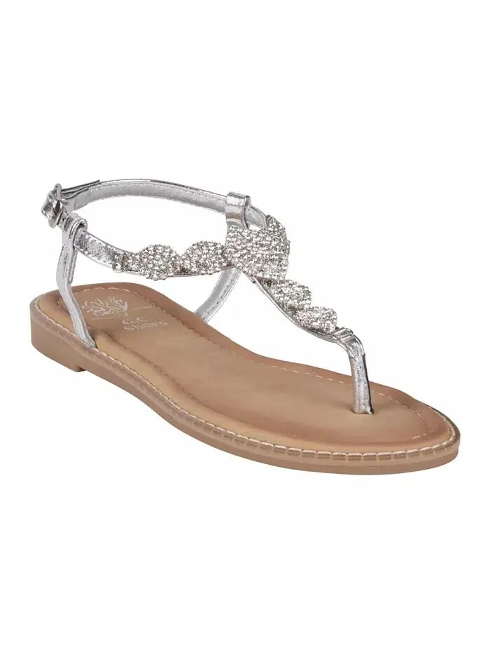 Женские сандалии на плоской подошве с украшением и Т-образным ремешком Cali GC Shoes — изображение 1 из 5, серебряный