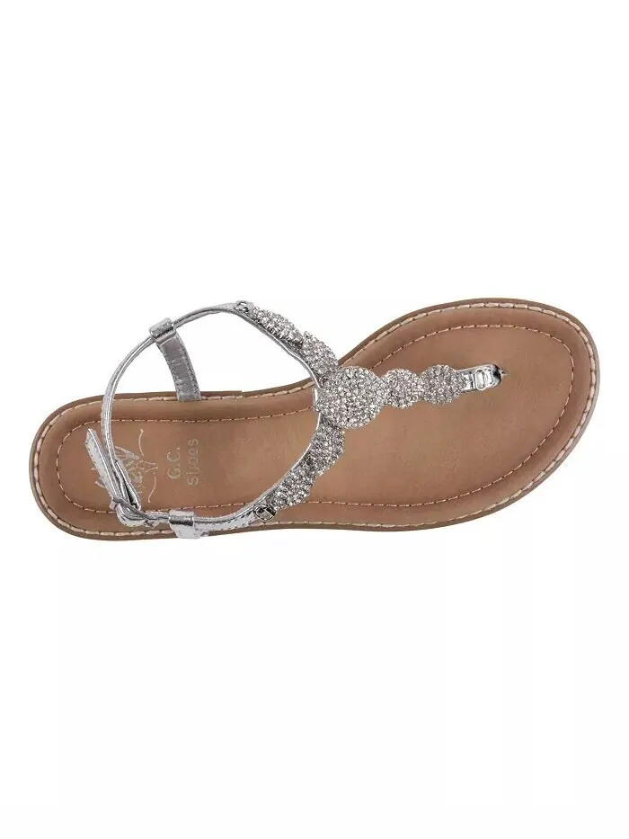 Женские сандалии на плоской подошве с украшением и Т-образным ремешком Cali GC Shoes — изображение 4 из 5, серебряный