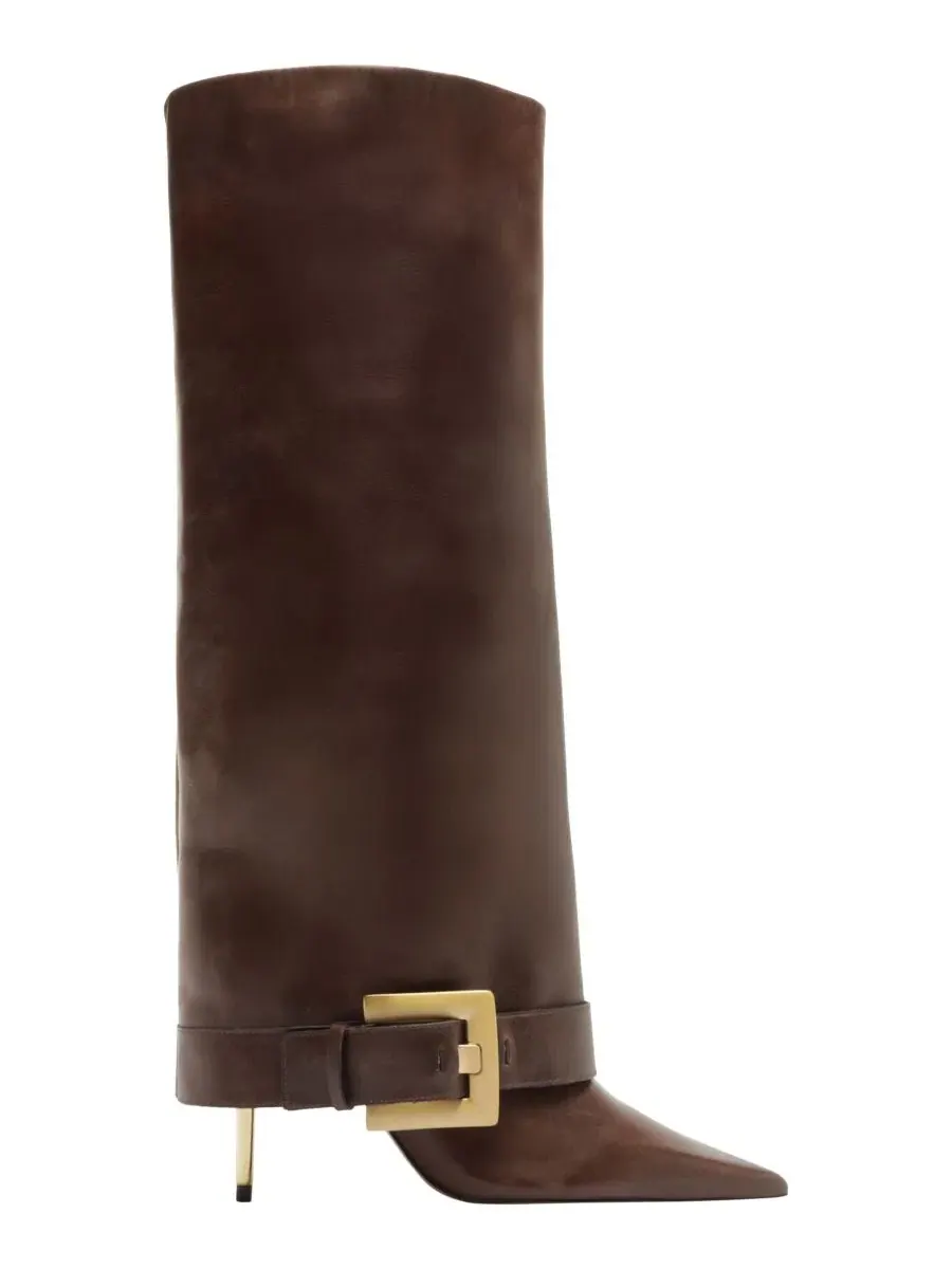 Ботинки женские кожаные с отделкой пряжкой Kenny Mid Stiletto Buckle Arezzo — изображение 2 из 5, какао