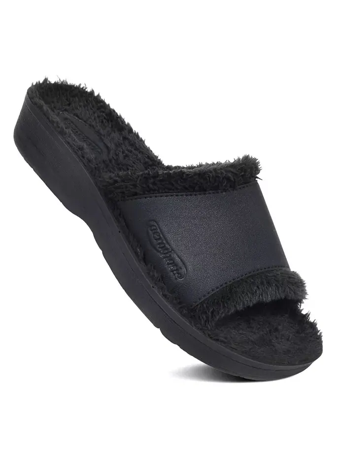 Женские слайды Aspen Fuzzy Strap с поддержкой свода стопы Aerothotic — коричневый