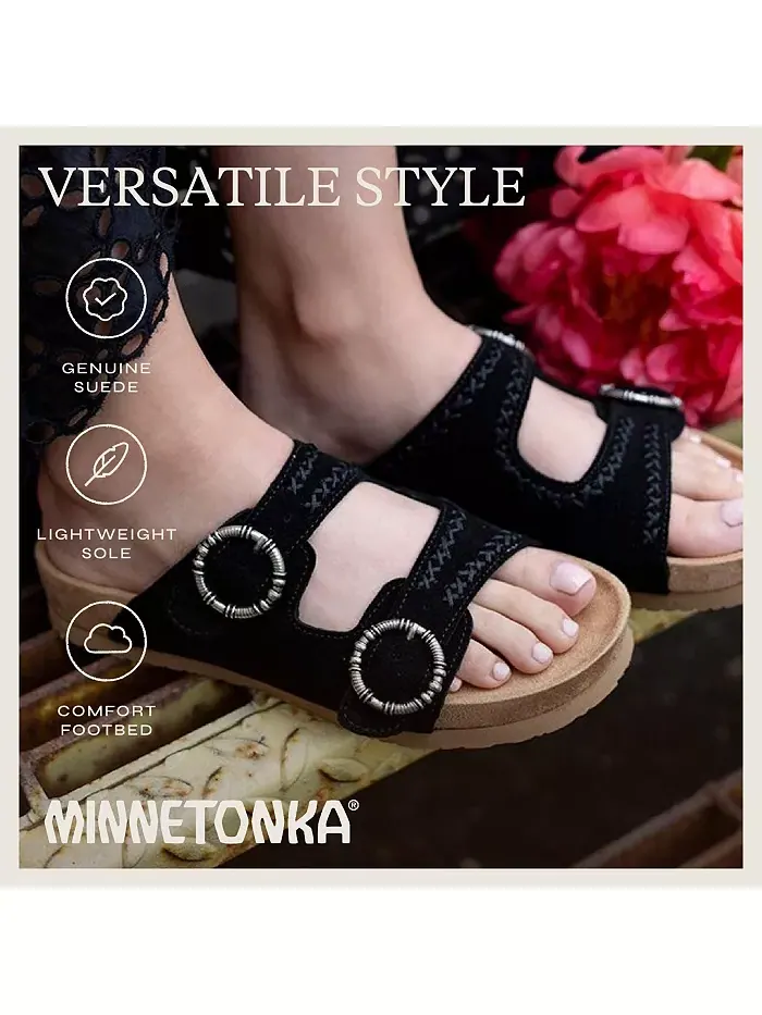 Женские сандалии Georgine Classic на плоской подошве с пряжкой из замши Minnetonka — изображение 7 из 7, черный