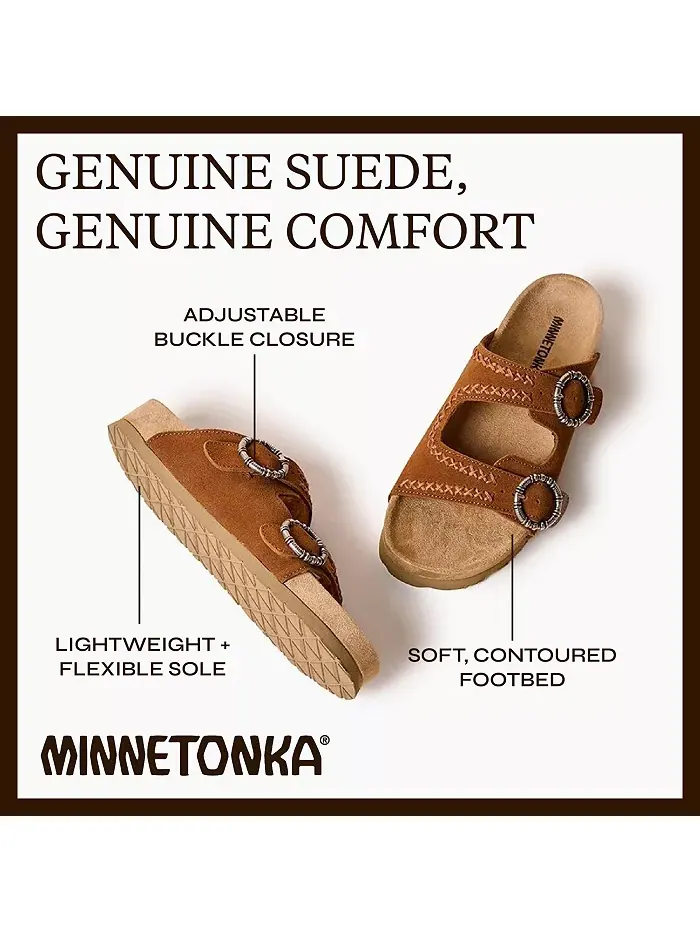 Женские сандалии Georgine Classic на плоской подошве с пряжкой из замши Minnetonka — изображение 6 из 7, коричневый