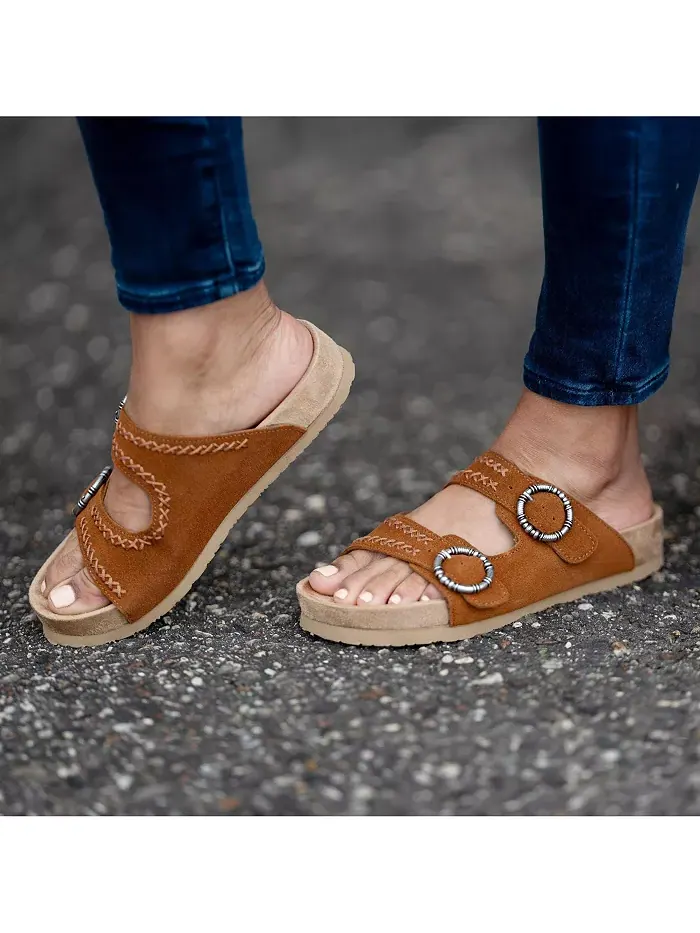 Женские сандалии Georgine Classic на плоской подошве с пряжкой из замши Minnetonka — изображение 7 из 7, коричневый