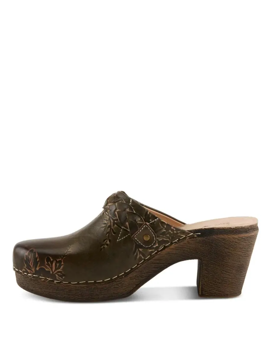 Клоги из кожи с принтом, на каблуке, Calliroe Open-Back Clogs L'Artiste — изображение 2 из 7, оливковый мульти