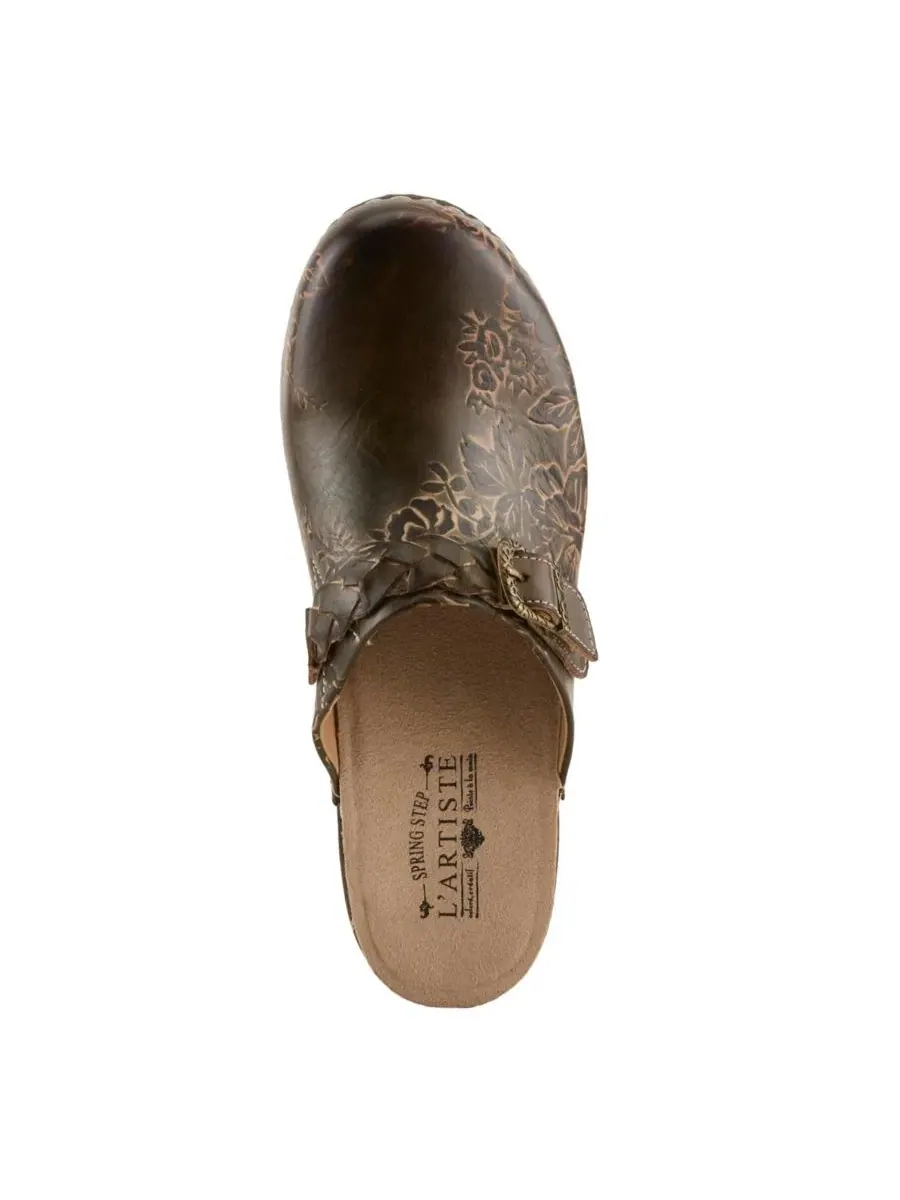 Клоги из кожи с принтом, на каблуке, Calliroe Open-Back Clogs L'Artiste — изображение 4 из 7, оливковый мульти