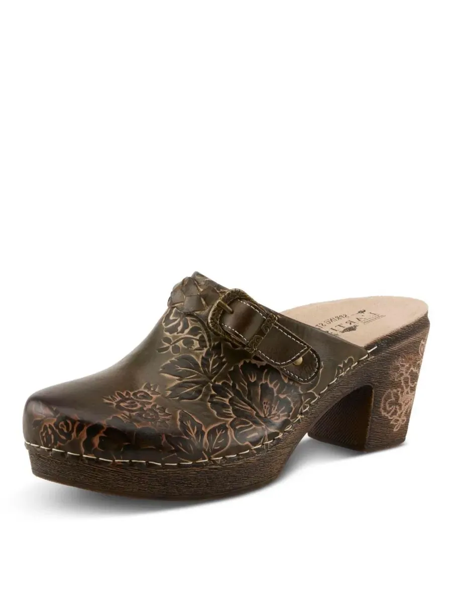 Клоги из кожи с принтом, на каблуке, Calliroe Open-Back Clogs L'Artiste — изображение 6 из 7, оливковый мульти
