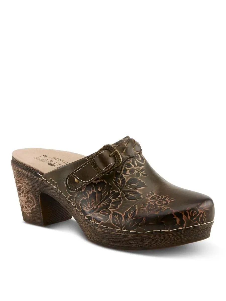 Клоги из кожи с принтом, на каблуке, Calliroe Open-Back Clogs L'Artiste — изображение 7 из 7, оливковый мульти