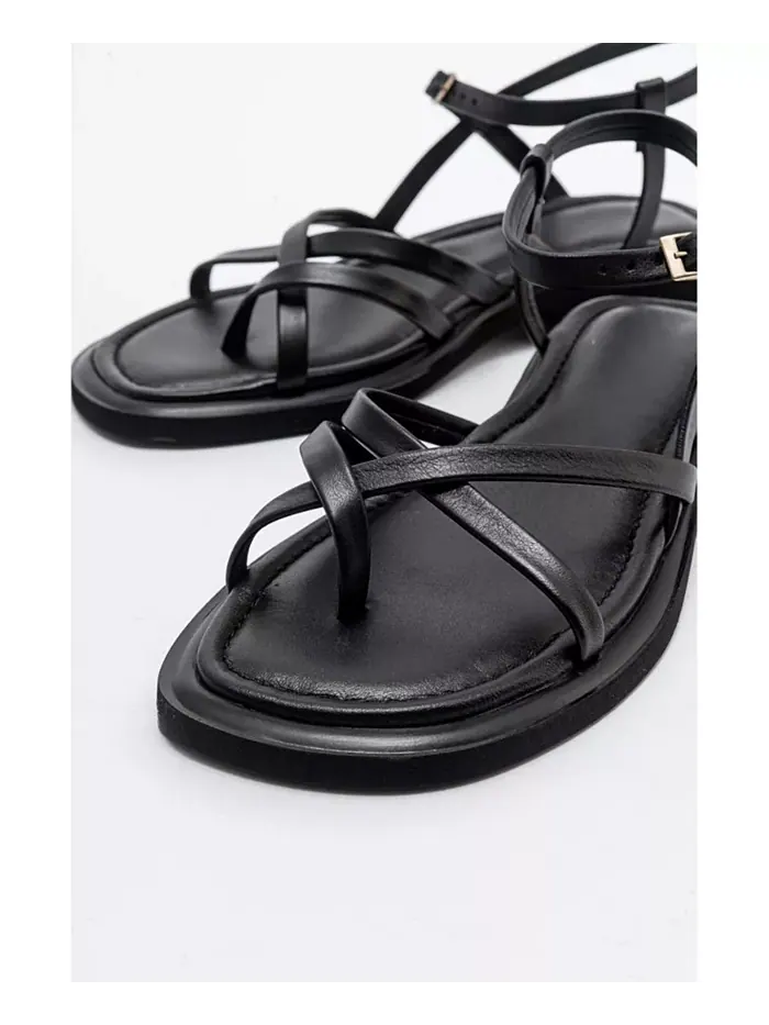 Антас Strappy Кожаные Плоские Сандалии (Женщины) Forever & Always Shoes — изображение 4 из 5, черный