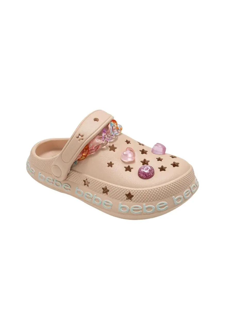 Детские сабо из ЭВА с цепочкой, лентой из грогрена с логотипом и подвесками Bebe
