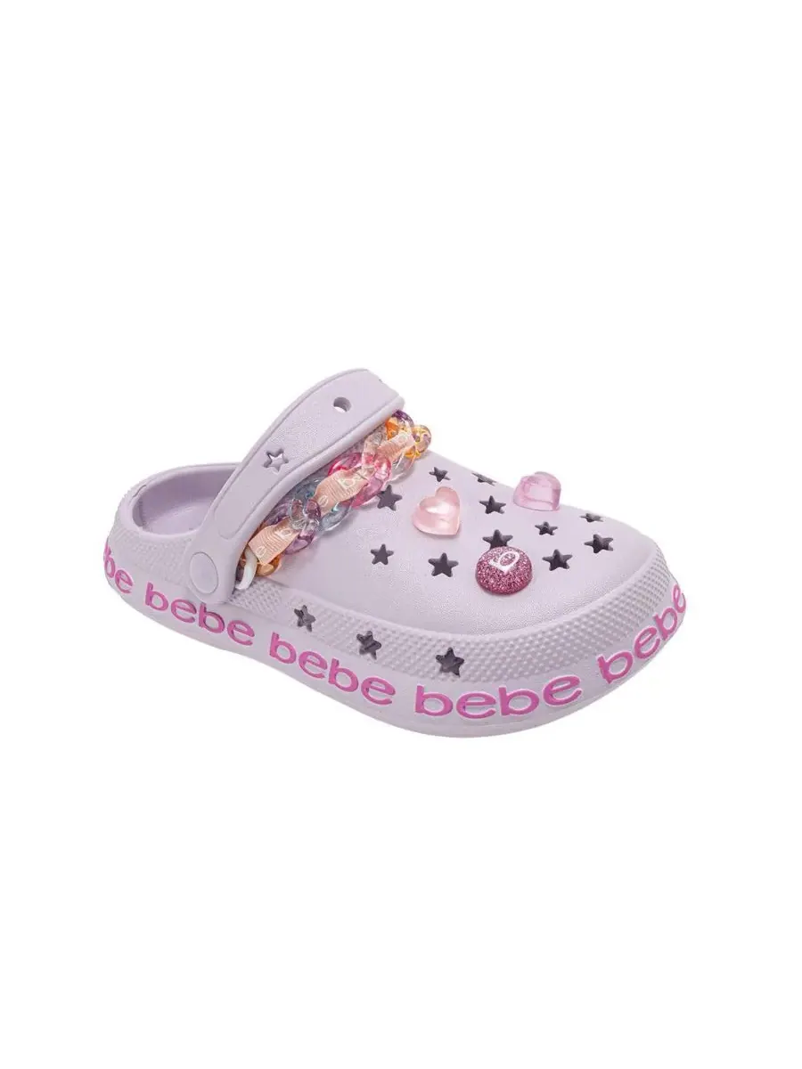 Детские сабо из ЭВА с цепочкой, лентой из грогрена с логотипом и подвесками Bebe