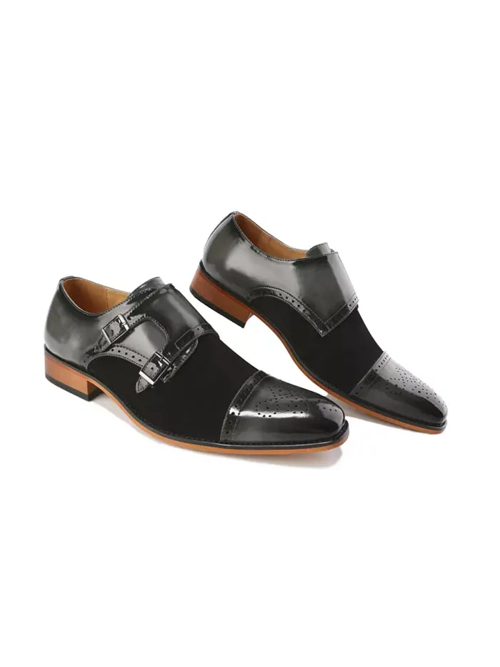 Мужские двухцветные лоферы с двойной пряжкой Double Monk Strap Gino Vitale — изображение 2 из 3, серый/черный