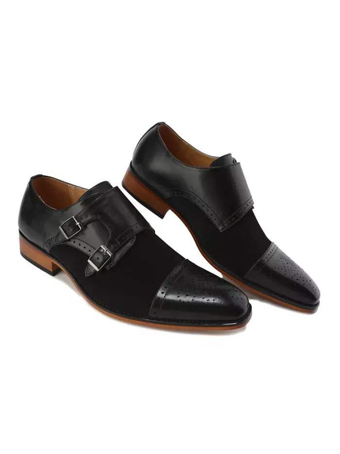 Мужские двухцветные лоферы с двойной пряжкой Double Monk Strap Gino Vitale — изображение 2 из 3, черный/черный