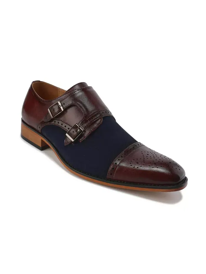 Мужские двухцветные лоферы с двойной пряжкой Double Monk Strap Gino Vitale — изображение 1 из 3, винный/темно-синий