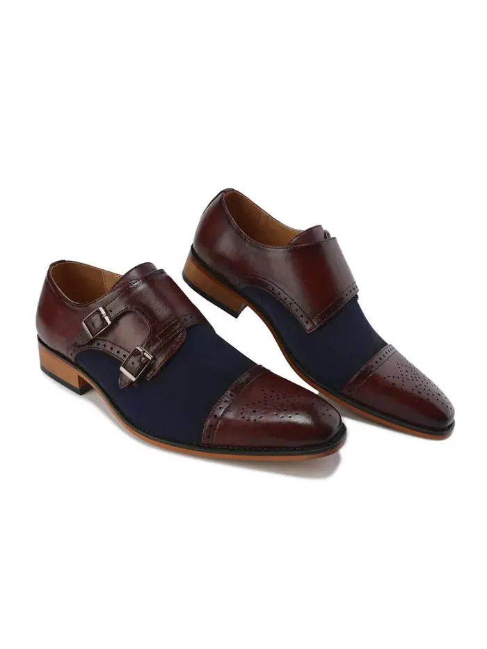 Мужские двухцветные лоферы с двойной пряжкой Double Monk Strap Gino Vitale — изображение 2 из 3, винный/темно-синий