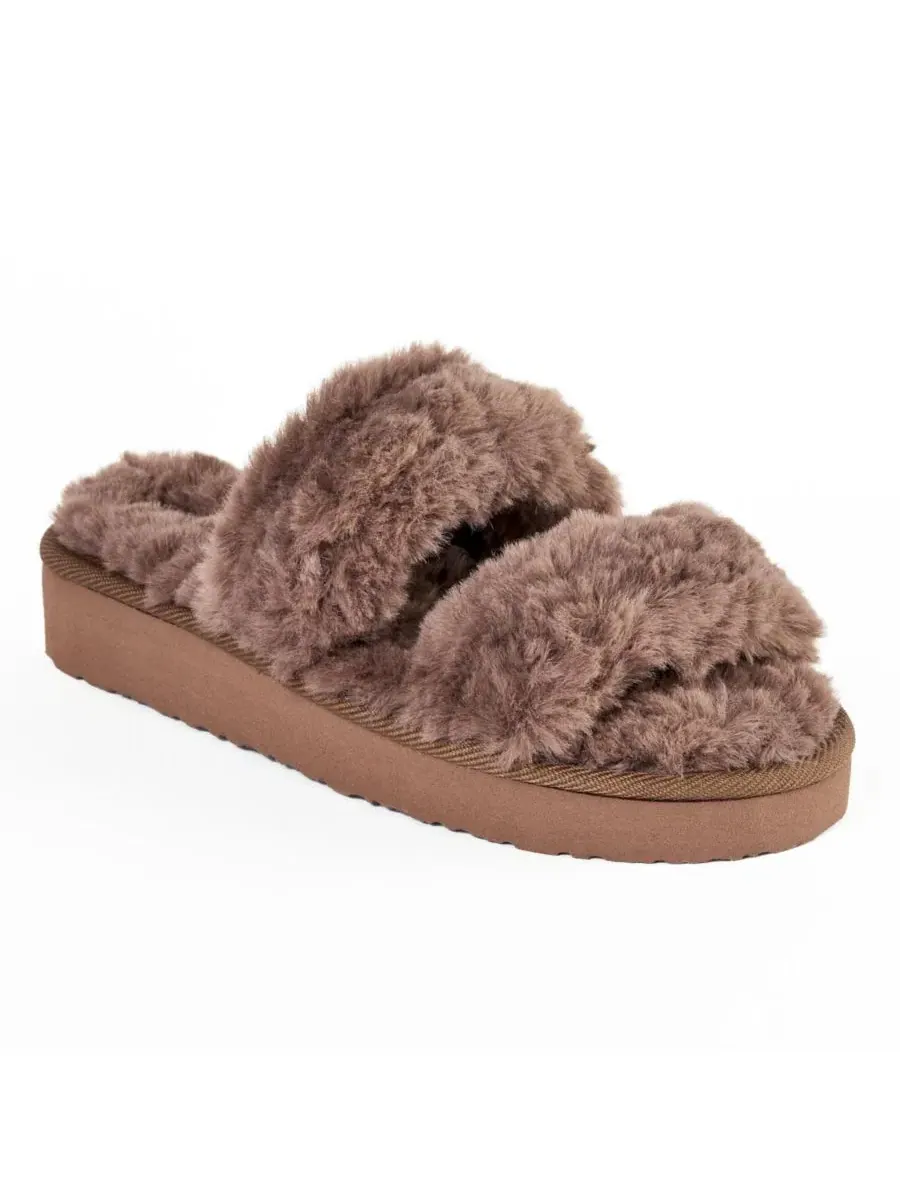 Женские тапочки с двумя ремешками из искусственного меха Minnetonka — изображение 1 из 6, шоколад