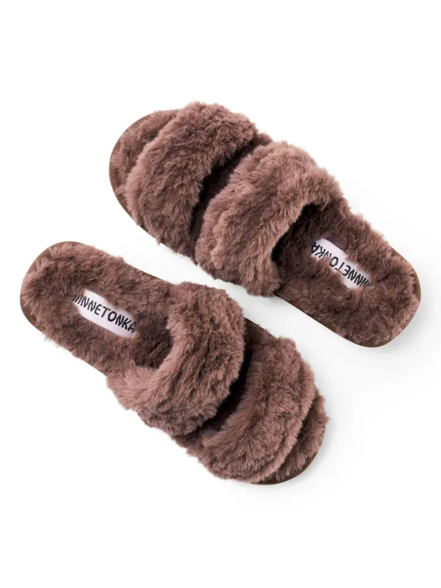 Женские тапочки с двумя ремешками из искусственного меха Minnetonka — изображение 3 из 6, шоколад