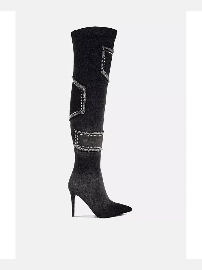 Ботфорты Eilish Rhinestones из денима с камнями London Rag — изображение 1 из 3, черный