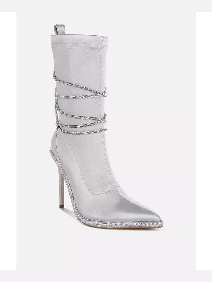 Сапоги Dacia Rhinestones Strap из сатина на икроножной части со стразами и ремешками London Rag — изображение 2 из 3
