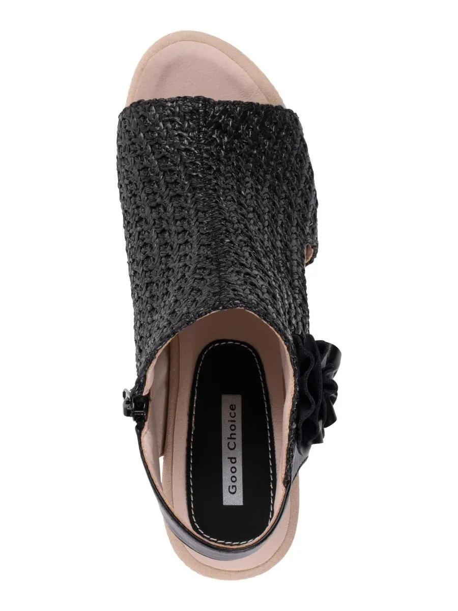 Женские сандалии Zakki Flower Rosette на плетеном каблуке с цветочным узором GC Shoes — изображение 4 из 5, черный