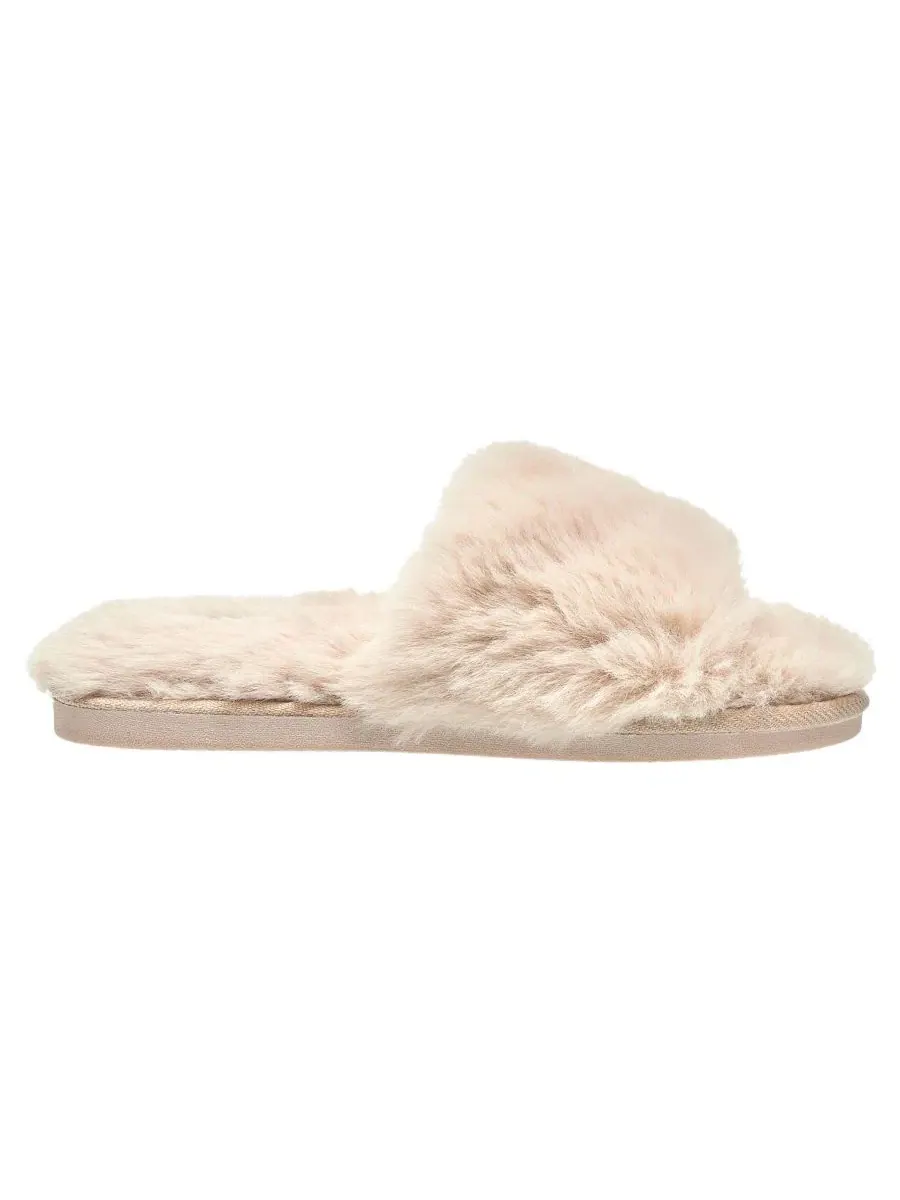 Женские тапочки-слайды с искусственным мехом, модель Slide Faux Fur Slipper Nine West — изображение 2 из 5, бежевый