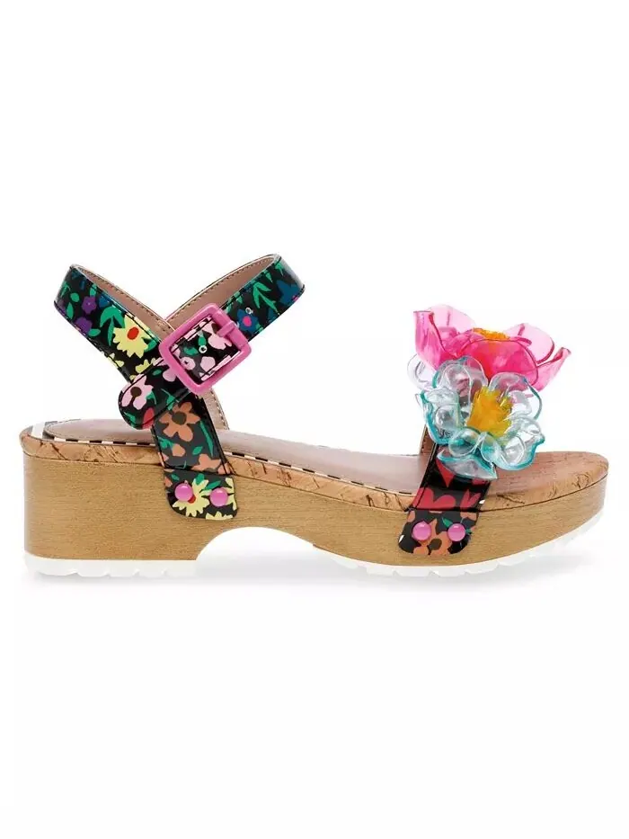 Сандалии Oakly Clog для маленьких и больших девочек с цветочной отделкой Betsey Johnson — изображение 2 из 5, черный мульти