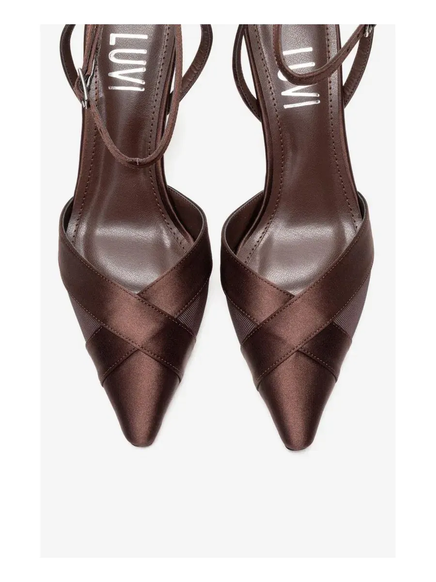 Туфли-лодочки Estela на каблуке-шпильке из атласа и сетки Prologue Shoes — изображение 4 из 5, коричневый