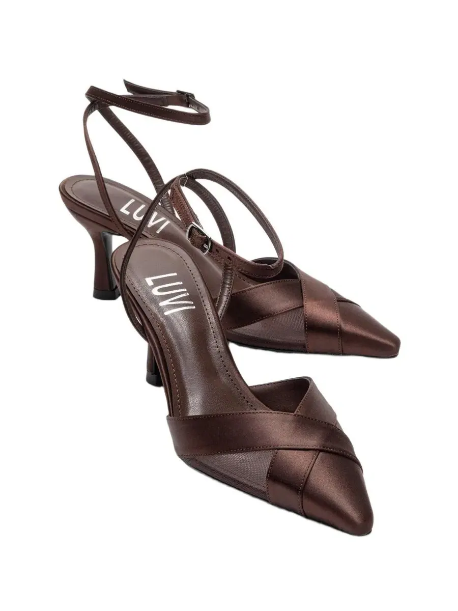 Туфли-лодочки Estela на каблуке-шпильке из атласа и сетки Prologue Shoes — изображение 5 из 5, коричневый
