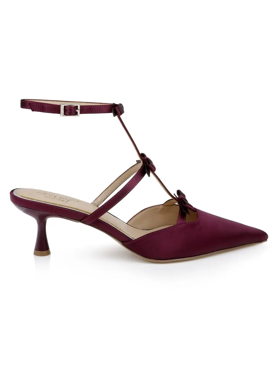 Женские туфли-лодочки Elisabetta с бантом и острым носком Jewel Badgley Mischka, Bordeaux Satin — изображение 2 из 5