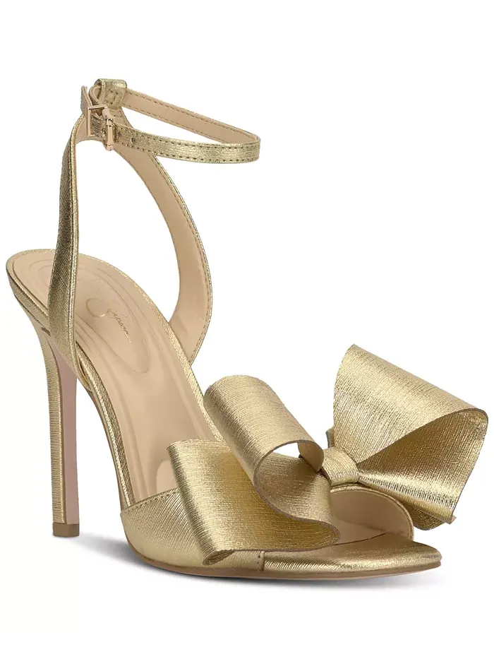 Оливковые босоножки-лодочки на высоком каблуке-шпильке Olivine Bow Jessica Simpson — изображение 1 из 5, золотистый металлик