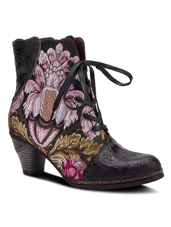L’Artiste Women’s SIREN вышитые цветочные ботильоны на шнуровке с тисненой кожей, фигурным кантом и