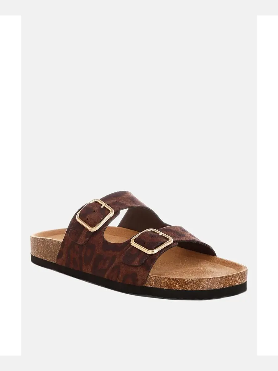 Сандалии с двумя широкими ремешками и регулируемыми пряжками Leopard Nubuck Faux Leather London