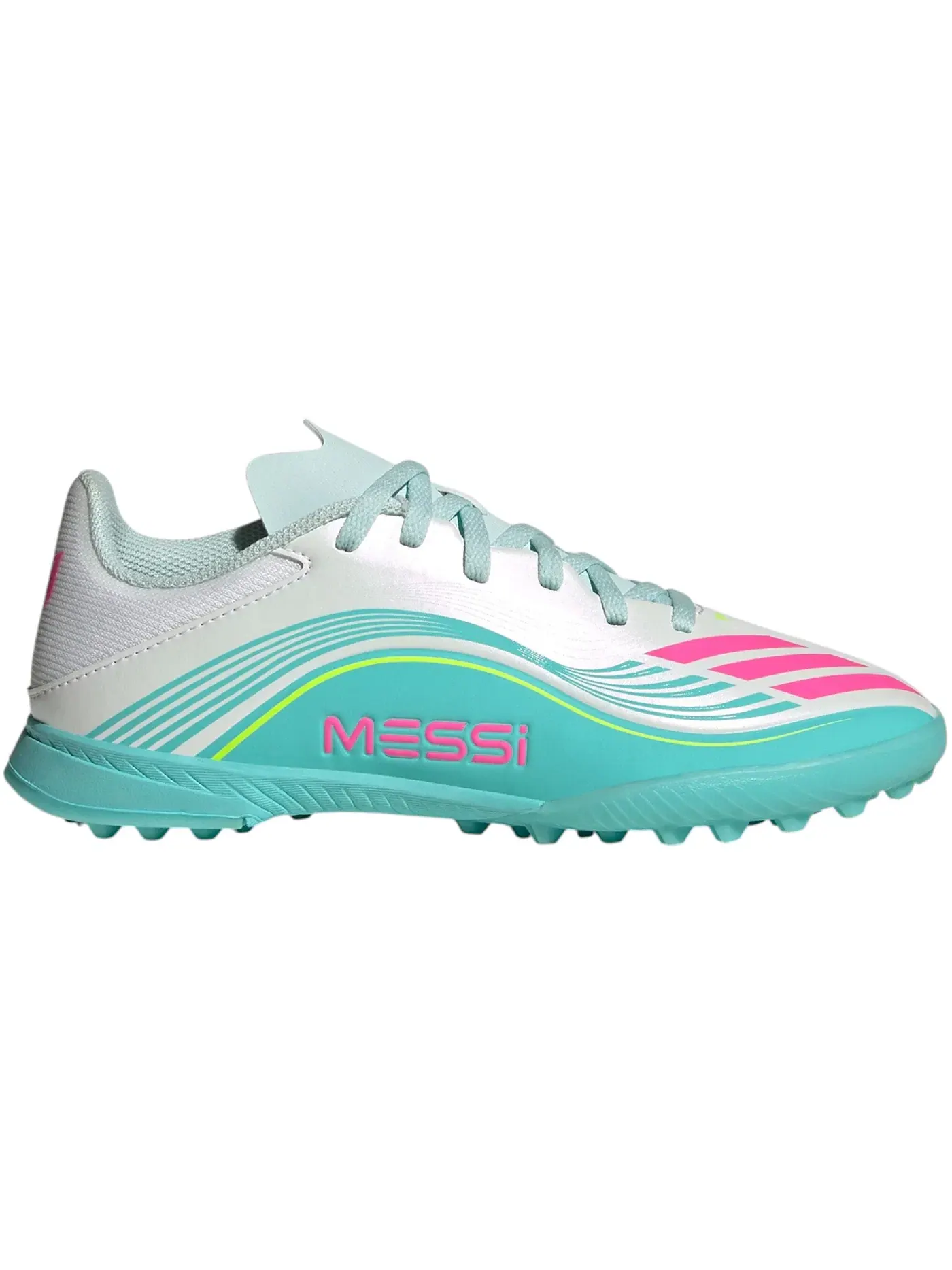 Детские кроссовки с турбо-затяжкой F50 League TF Adidas — изображение 1 из 1, белый/розовый/голубой